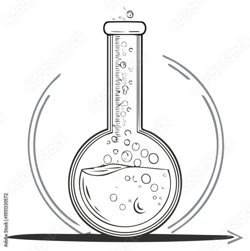 Erlenmeyer flask with chemical reaction, contour drawing of laboratory glassware with liquid and bubbles