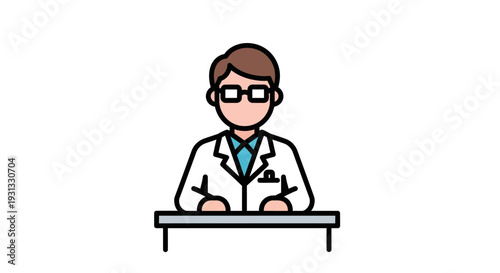 Flat vector illustration of a healthcare professional in a lab coat and glasses sitting at a desk, ideal for medical, scientific, or pharmacy-related content and designs