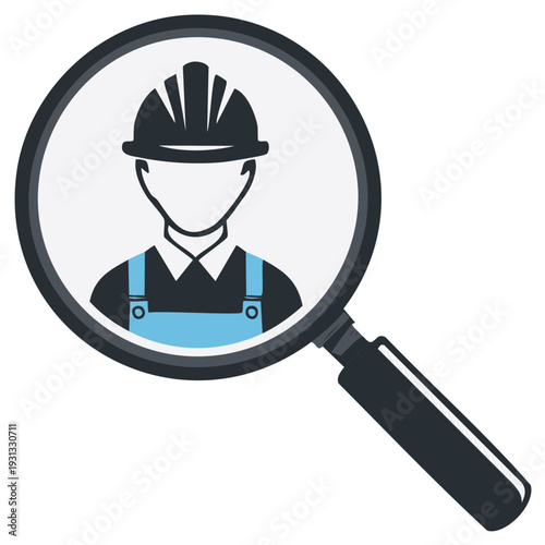 Construction Worker Search Magnifying Glass Icon Safety Hard Hat Inspector Recruitment Vector Illustration