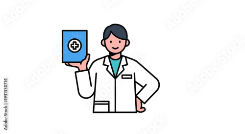 Medical professional in white coat holding a blue folder with a medical cross symbol