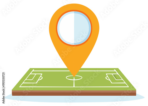 Orange map pin on a green soccer field pitch representing game venue location