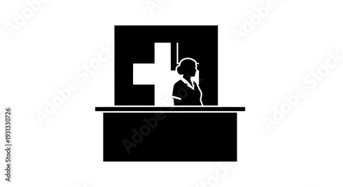 Minimalist black and white silhouette icon of a healthcare professional at a reception desk, featuring a medical cross in the background, symbolizing hospital services and patient support