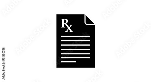 Flat black vector icon illustrating a medical prescription document, symbolizing healthcare, pharmacy, and medication orders on a clean white background, perfect for digital interfaces