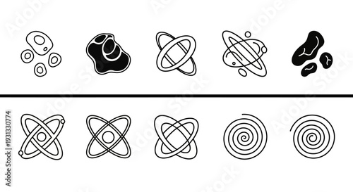 Black and white atom line icons.