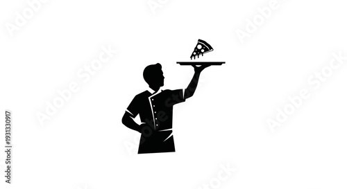 Silhouette of a chef presenting a slice of pizza on a serving tray, perfect for restaurant or food delivery branding
