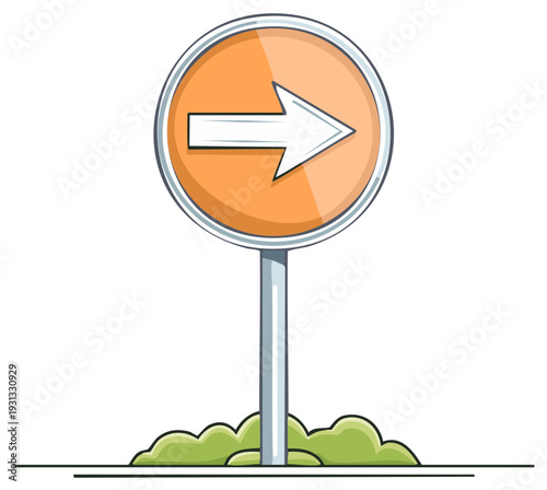 Orange Round Sign with Right Arrow Directing Traffic on a Post With Grass at the Base