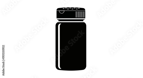Minimalist black silhouette icon of a compact spice shaker bottle, perfect for condiments or seasonings, isolated on a clean white background, representing kitchenware and culinary essentials