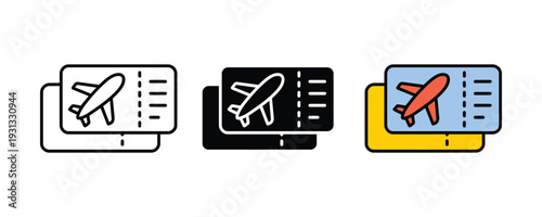 Airplane boarding pass and flight ticket icon set. Travel document symbol for airline booking, tourism vacation, and airport check-in design. Vector Illustration.