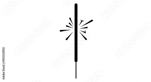 Simple minimalist black silhouette of a sparkler with radiating sparks, perfect for festive and celebratory graphic design elements