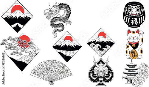 Japanese cultural symbols and iconic imagery collection.