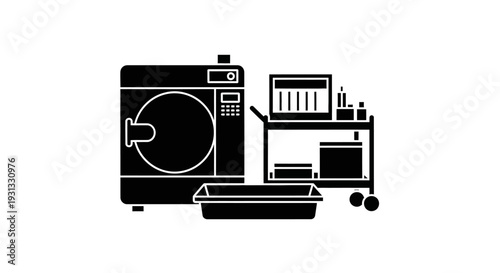 A veterinary autoclave sterilizer machine with a medical cart and a pet litter box, representing animal care and sanitation in a silhouette style