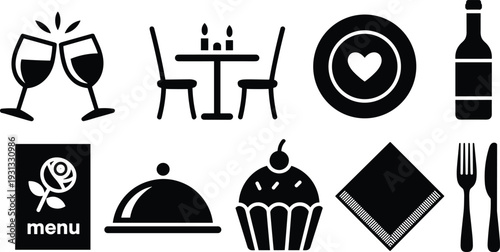 Romantic dining icon set with clinking wine glasses dinner table menu cupcake and cutlery for restaurant and Valentine's Day