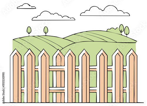 Hand drawn illustration of a wooden picket fence in a rural countryside with green rolling hills and clouds