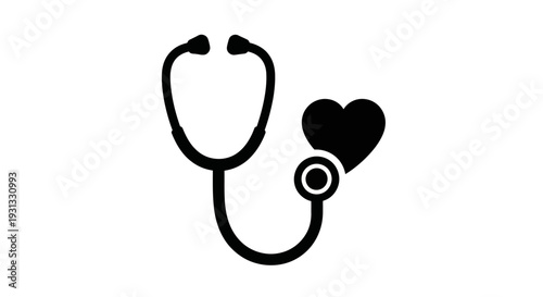 A simple black silhouette icon of a stethoscope with a heart symbol on the right, representing healthcare and medical care