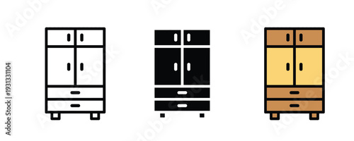 Wooden wardrobe and cupboard icon set. Furniture symbol for bedroom storage, home interior organization, and closet cabinet design. Vector Illustration.