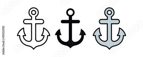 Nautical anchor icon set. Marine symbol for maritime security, sailing stability, and naval harbor equipment design. Vector Illustration.