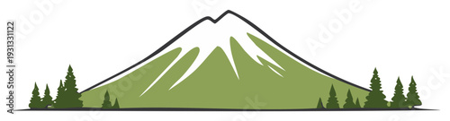 Green mountain peak with snow and evergreen trees along a flat valley ground, wilderness landscape