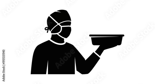 Vector silhouette of a healthcare professional in a surgical mask and scrub cap, holding a medical tray, depicting essential hospital services and patient care