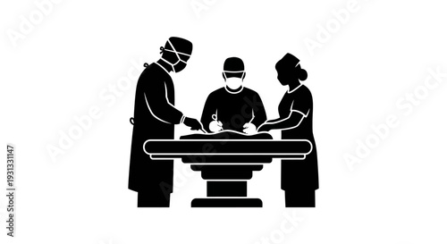 Silhouette illustration of a medical surgical team performing an operation, showcasing dedicated healthcare professionals in a sterile hospital operating room environment