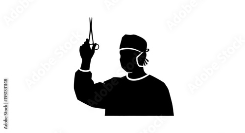 Dramatic silhouette illustration of a medical surgeon holding a pair of surgical scissors, symbolizing precision, healthcare, and operating room procedures