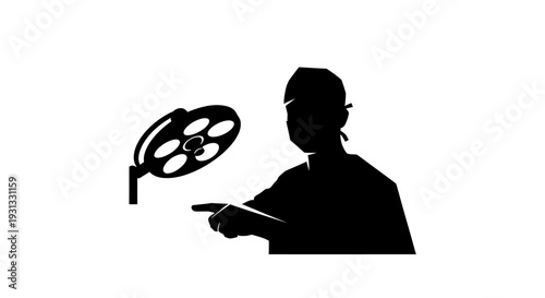 Silhouette of a surgeon in scrubs and cap, pointing towards a surgical lamp, emphasizing medical expertise and procedure