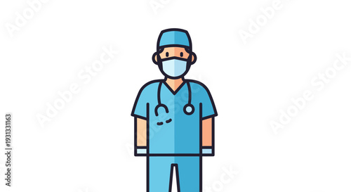 Professional doctor wearing surgical attire, complete with stethoscope and mask, ready for medical procedure