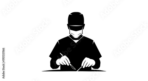 A dedicated medical surgeon in a cap and mask, skillfully preparing essential surgical instruments, rendered as a striking pure black silhouette icon, symbolizing professional healthcare readiness