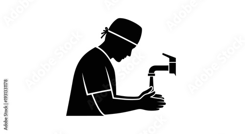 Minimalist silhouette illustration of a dedicated healthcare professional meticulously washing hands under running water, symbolizing essential hygiene in medical environments