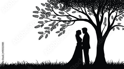 Romantic couple silhouette under tree, love scene illustration, nature landscape design, black vector art, peaceful relationship symbol graphic