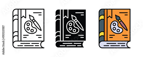 Art and design book icon set. Textbook symbol with paint palette and brush for creative education, fine arts literature, and portfolio gallery design. Vector Illustration.