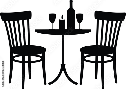 Romantic dinner for two silhouette with table, chairs, wine bottle, glasses and candle for Valentine's Day date night