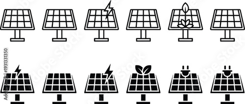Solar Panel Icon Set with Renewable Energy Symbols Featuring Sun Power Cells Electric Plugs Leaves and Lightning Bolts for Green Technology