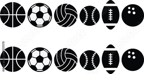 Sports Ball Icon Set Featuring Basketball Soccer Volleyball Baseball American Football and Bowling Symbols for Athletic Games Competition and Equipment Design,