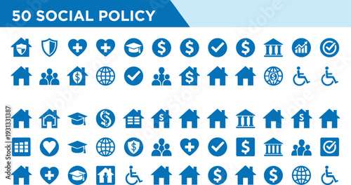 Social policy icon set for government welfare services including housing healthcare education disability support financial aid and community development blue icons