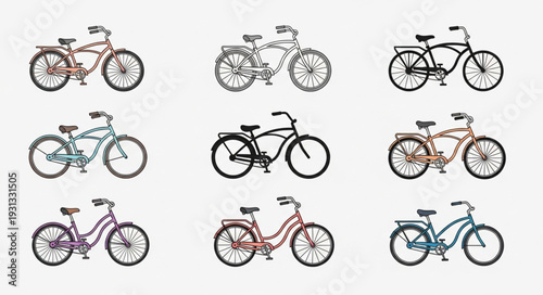 Collection of nine different bicycles in various styles and colors.