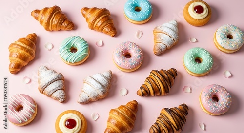 Assorted donuts and croissants on pink background with colorful frosting and sprinkles