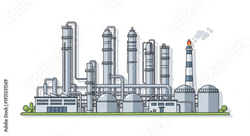 Industrial Oil Refinery Plant with Tall Towers and Smoke.