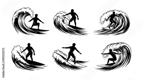 Silhouettes of Surfers Riding Waves in Dynamic Poses.