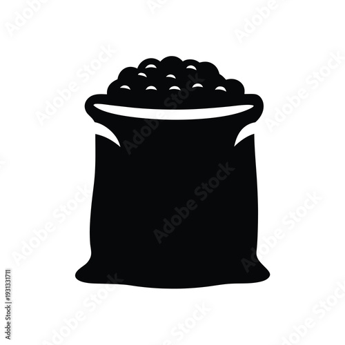 Illustration of a filled sack with grains or seeds in black and white