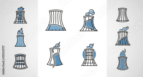 Cooling Towers Industrial Power Plant Icons Set.