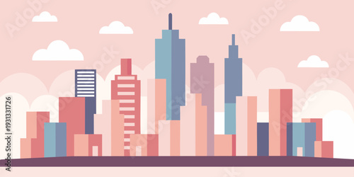 Modern flat city skyline, Modern financial district skyline flat vector illustration