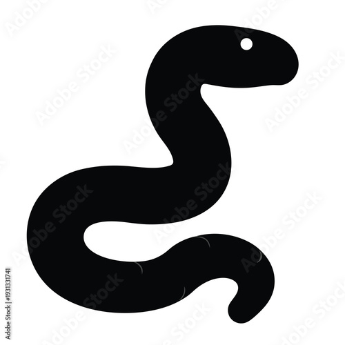 Simple black and white snake cartoon illustration with eye and wavy body