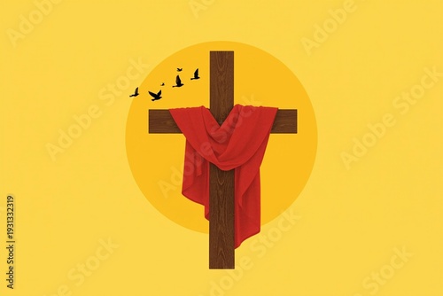 Symbolism of cross and freedom represented through birds and colorful background