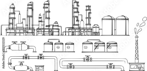 Industrial factory complex with pipes and storage tanks illustration.
