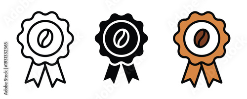 Coffee quality award and rosette icon set. Badge symbol with coffee bean for premium roast certification, barista competition winner, and cafe excellence design. Vector Illustration.