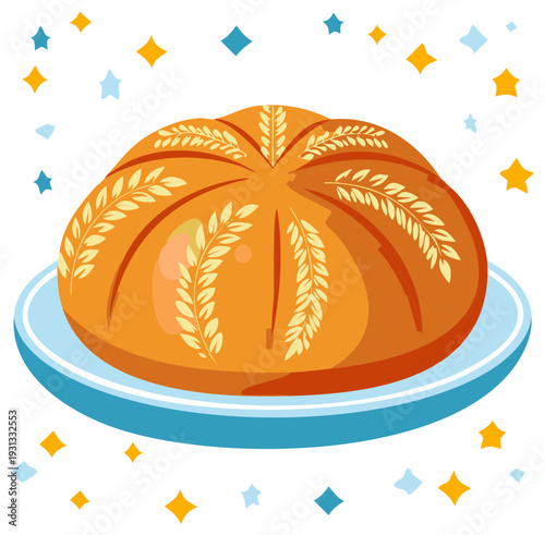 Illustration of bread loaf on a plate with decorative floral elements