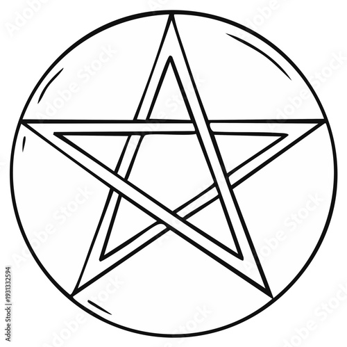 Hand drawn Wiccan pentacle symbol. Black and white line art of a five pointed star in a circle.