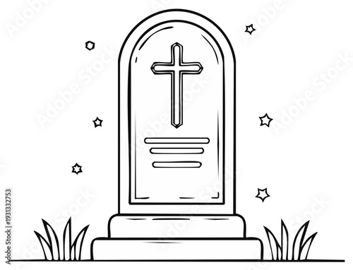 Tombstone with Cross and Stars Drawing Graveyard Scene Spooky Halloween Coloring Page Memorial Line Art