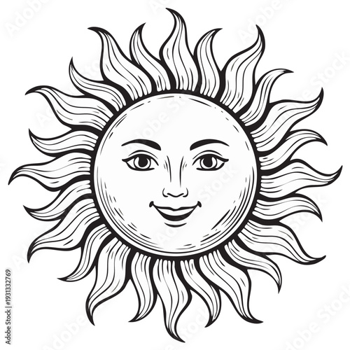 Smiling sun face illustration with radiant sun rays, vector design element.