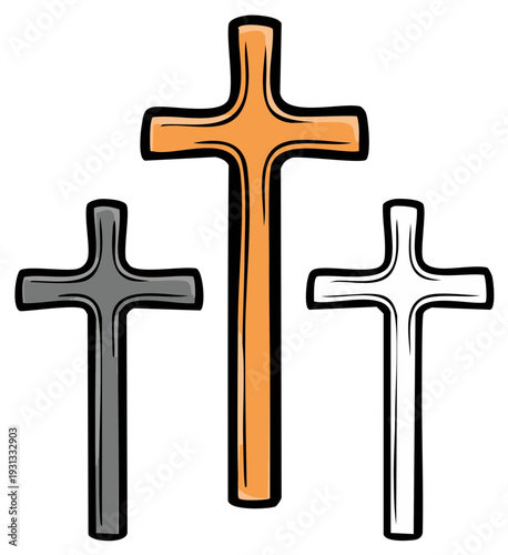 Three Stylized Christian Crosses Different Colors and Sizes Illustrative Design